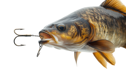 close-up of a fish with a fishing hook embedded in its mouth. highlighting the tension between nature and fishing practices the fish appears vibrant and detailed against a plain background. emphasizin