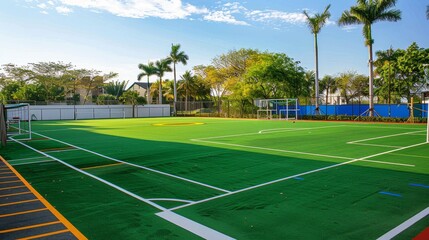 Obraz premium Lush green sports field illuminated by bright sunlight featuring clear white boundary lines for play