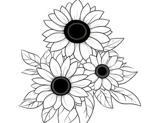 Monochrome line art depicting three sunflowers with leaves