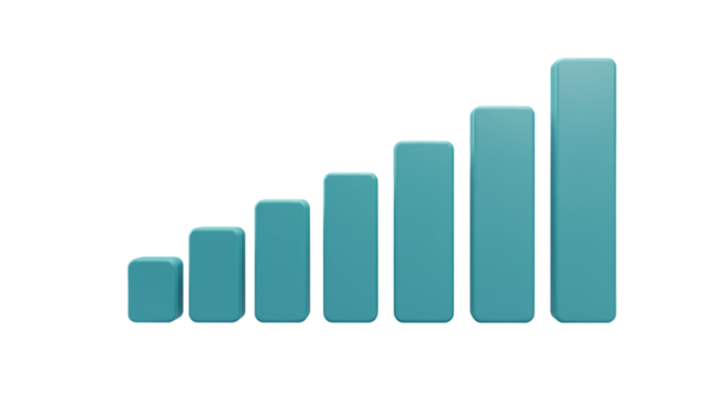 A teal bar graph showing increasing values against a black background in a rendered illustration