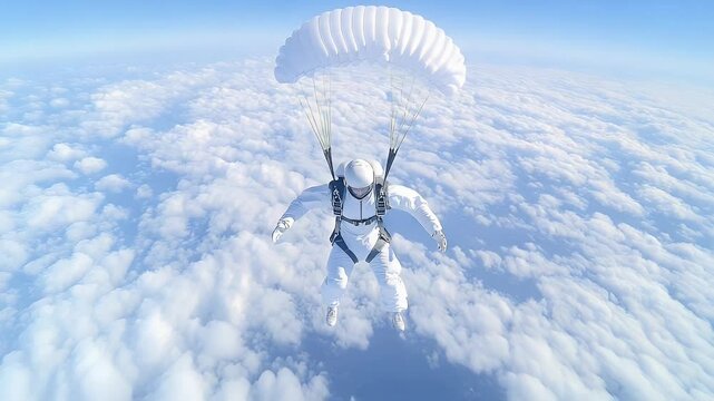 Skydiver in white spacesuit with parachute above clouds