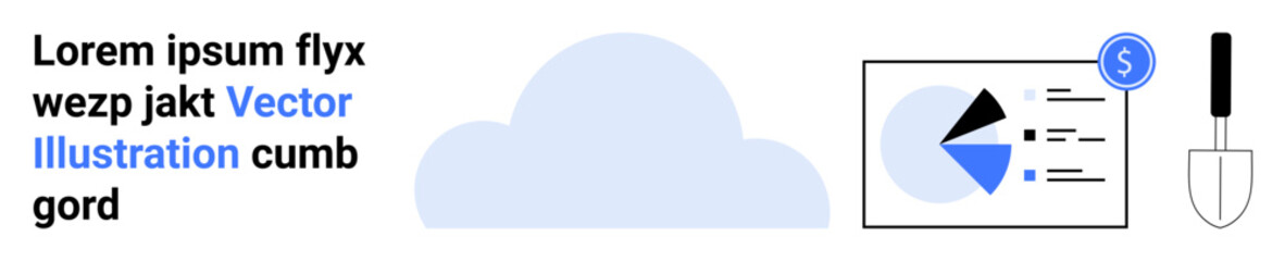 Cloud at center, pie chart on presentation screen with financial icon, and gardening tool next to it. Ideal for business analytics, financial planning, cloud computing, environment, sustainability