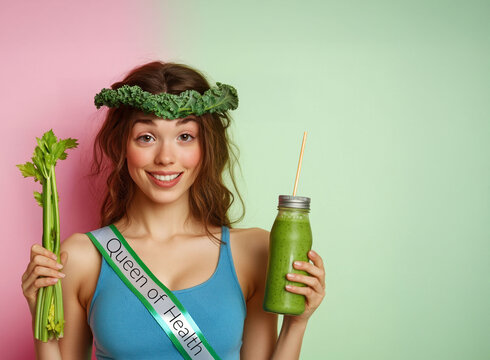 A promoter sells green juice at a fruit shop or juice shop. She wears a crown of kale leaves and a bunch of celery. A healthy eating concept. Health food fanatic.Banner with copy space.