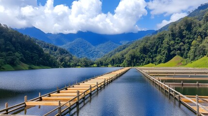 Serene mountain lake with aquaculture structures