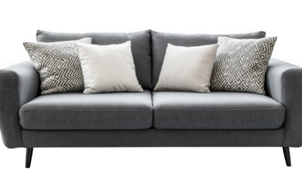 a modern gray sofa with a clean design. featuring two decorative pillows in neutral tones and a patterned pillow. ideal for enhancing living spaces with comfort and style