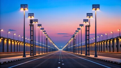 Fototapeta premium Brightly Lit Roadway Under Twilight Sky with Urban Infrastructure and Urban Lighting