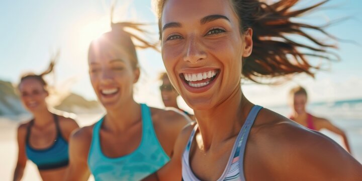 Young women joyfully running on a sunny beach with smiles and carefree energy.