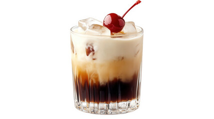 refreshing cocktail served in a short glass. filled with ice cubes and layered with creamy and dark liquids. topped with a bright red cherry it showcases an appealing drink. perfect for social gatheri