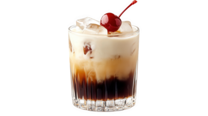 refreshing cocktail served in a short glass. filled with ice cubes and layered with creamy and dark liquids. topped with a bright red cherry it showcases an appealing drink. perfect for social gatheri