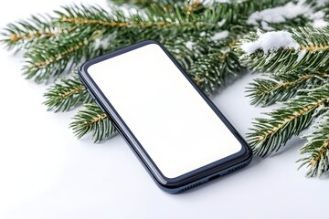 Smartphone with blank screen nestled amidst snow-dusted pine branches on a white background