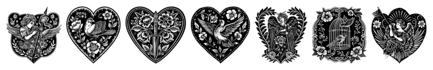 Obraz premium PNG Intricate black heart designs, element set on transparent background