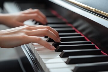 Obraz premium Close up view of hands playing piano keys with a minimalist feel in a soft-lit environment
