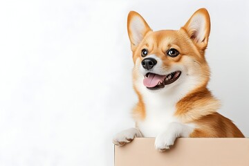 A cheerful, red-furred dog with white paws rests its paws on a light brown cardboard box against a bright white background