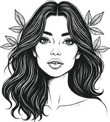 Create a vector line art of a mysterious Hispanic woman's with silhouette white background.