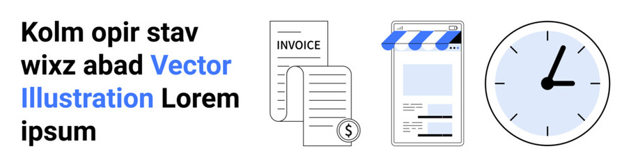 Invoice, payment document, mobile storefront, clock symbolize time management, online business, financial services. Ideal for business, freelance, e-commerce productivity planning fintech simple