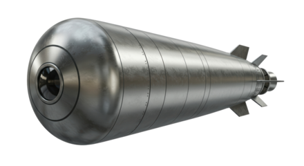 Isolated Silver Torpedo with Visible Rivets and Details