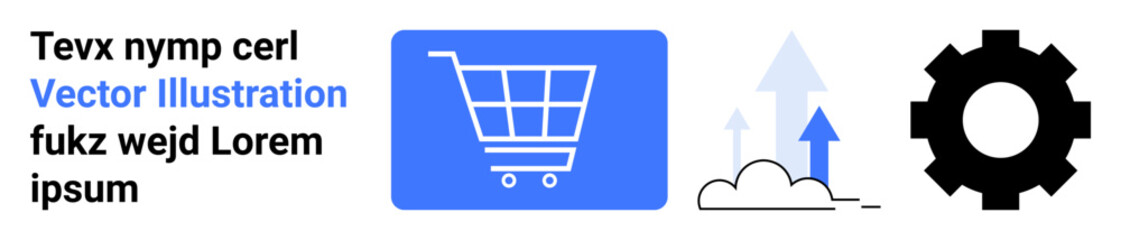 Shopping cart for online shopping, upward arrows symbolizing growth, gear for settings or tools. Ideal for e-commerce, technology, marketing, progress, strategy, innovation simple landing page
