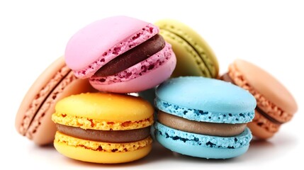 Obraz premium Colorful Macarons Stacked in a Tower on White Background