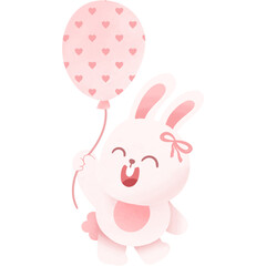 rabbit pink bow holding balloon birthday illustration