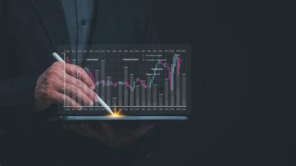 Financial Chart Analysis On Tablet Strategic Business Transformation Depicted In Candlestick Graph With Trading Insights, Focused On Cybersecurity Data Strategy 2010-2030 On Screen