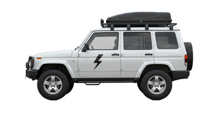 Isolated White SUV with Roof Rack and Lightning Bolt