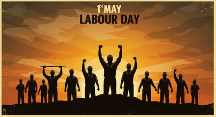 Illustrated silhouette of workers celebrating International Labour Day at sunset