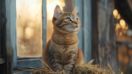 Obraz premium A beautiful tabby cat gazes intently upward, basking in the warm light by a window.