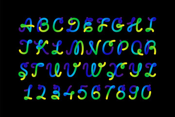 Blue font and numbers letter alphabet. Cursive typography, colored twisted lines. Holographic fold ribbon, vivid logo monogram. Fusion flexible intersections, squiggle spiral loop. Holi path script