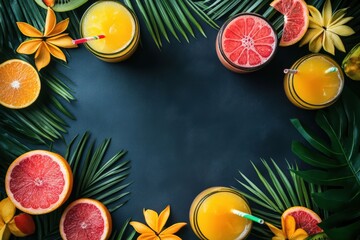 Top view of colorful tropical fruit drinks and green leaves arranged as a summer frame on a black background with empty space for text or design.