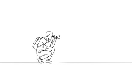 Outline of a photographer with focused mood capturing a shot while crouching on white background