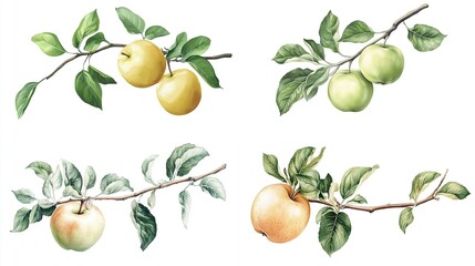 Four watercolor apple branch illustrations.