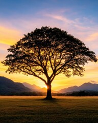 Naklejka premium Silhouette of a tall tree standing prominently in a field as morning light illuminates the landscape with a beautiful golden glow at sunrise in nature scenery.