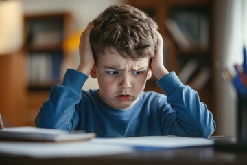 Frustrated young boy struggling with homework in a cozy study setting