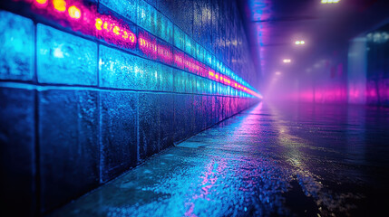 A captivating view of a modern urban tunnel showcasing vibrant neon lights reflecting on a wet pavement, creating an atmospheric and dreamy ambiance ideal for creative projects