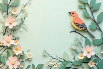 Fototapeta premium Delicate paper flowers and leaves frame a cheerful little bird.