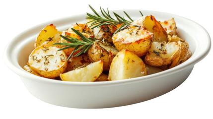 a dish of roasted potatoes garnished with fresh rosemary and herbs the potatoes are golden brown and served in a white bowl. suggesting a delicious and inviting side dish this presentation highlights