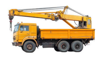 yellow truck with an extended crane arm. designed for heavy lifting and construction tasks the truck's body is a dump bed. indicating its capability to transport materials it's commonly used in constr
