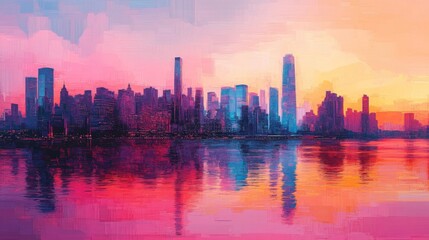 Obraz premium Vibrant City Skyline Sunset Reflection