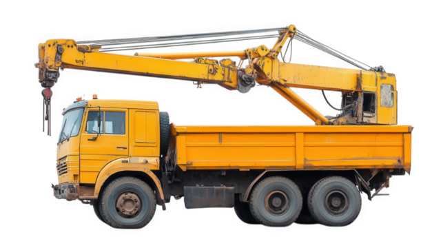 yellow truck with an extended crane arm. designed for heavy lifting and construction tasks the truck's body is a dump bed. indicating its capability to transport materials it's commonly used in constr