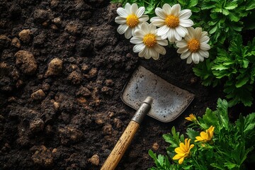 Graphic layouts showcasing blooming flowers and gardening tools for promotional advertising