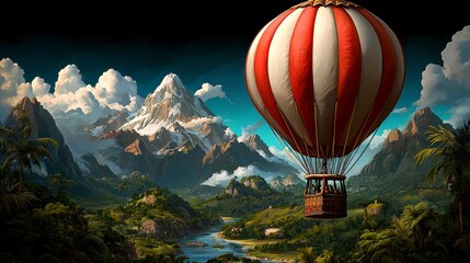 Red and White Hot Air Balloon Soaring Over Lush Green Valley and Majestic Snow Capped Mountains