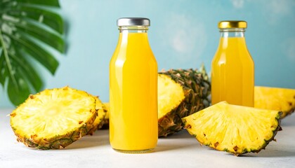 A glass bottle of pineapple juice with no label for mock up and branding; a mock up bottle of pineapple juice with no label for marketing and branding; an pineapple juice bottle with sliced pineapples
