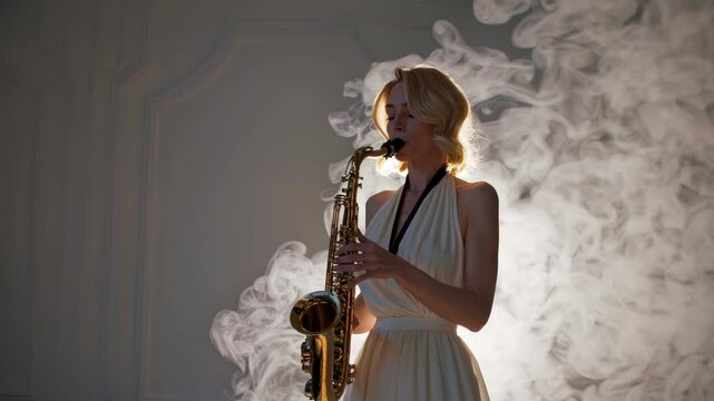 Elegant Woman Playing Saxophone in Smoke