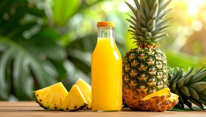 A glass bottle of pineapple juice with no label for mock up and branding; a mock up bottle of pineapple juice with no label for marketing and branding; an pineapple juice bottle with sliced pineapples