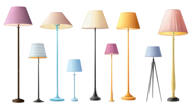 a variety of decorative lamps in different styles and colors. including floor and table lamps. arranged in a visually appealing manner the lamps feature various shades and designs. highlighting their