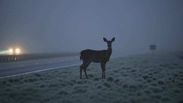 Deer standing on foggy roadside at night with headlights approaching