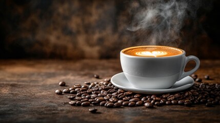 Steaming Latte in White Cup with Coffee Beans