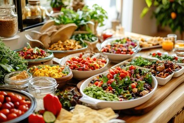 Obraz premium A vibrant buffet table laden with an array of colorful and healthy salads, dips, and other delicious dishes.