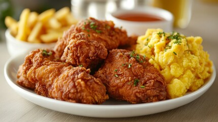 Crispy Fried Chicken with Mashed Potatoes and Fries
