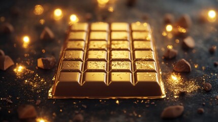 Golden Chocolate Bar with Glitter on Dark Background